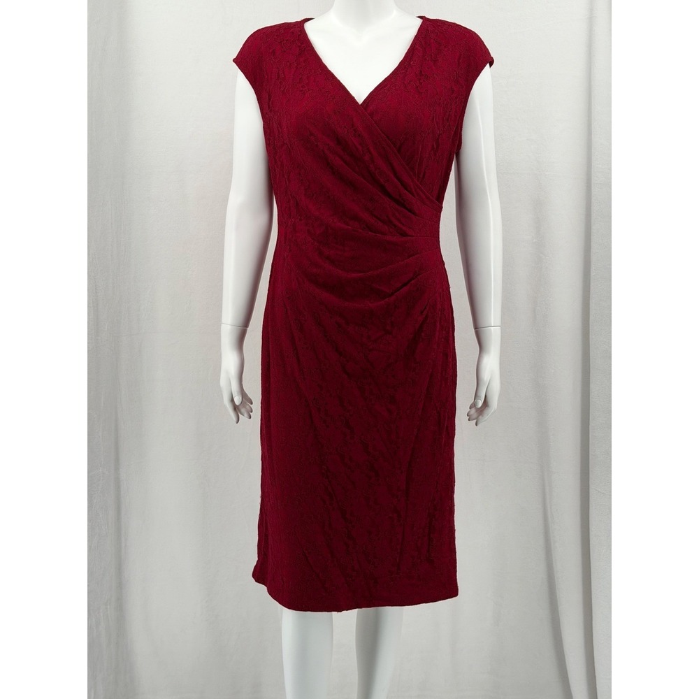 Kasper Dress Womens 12 Red Sheath Floral Lace V-Neck‎ Ruched Stretch Cocktail